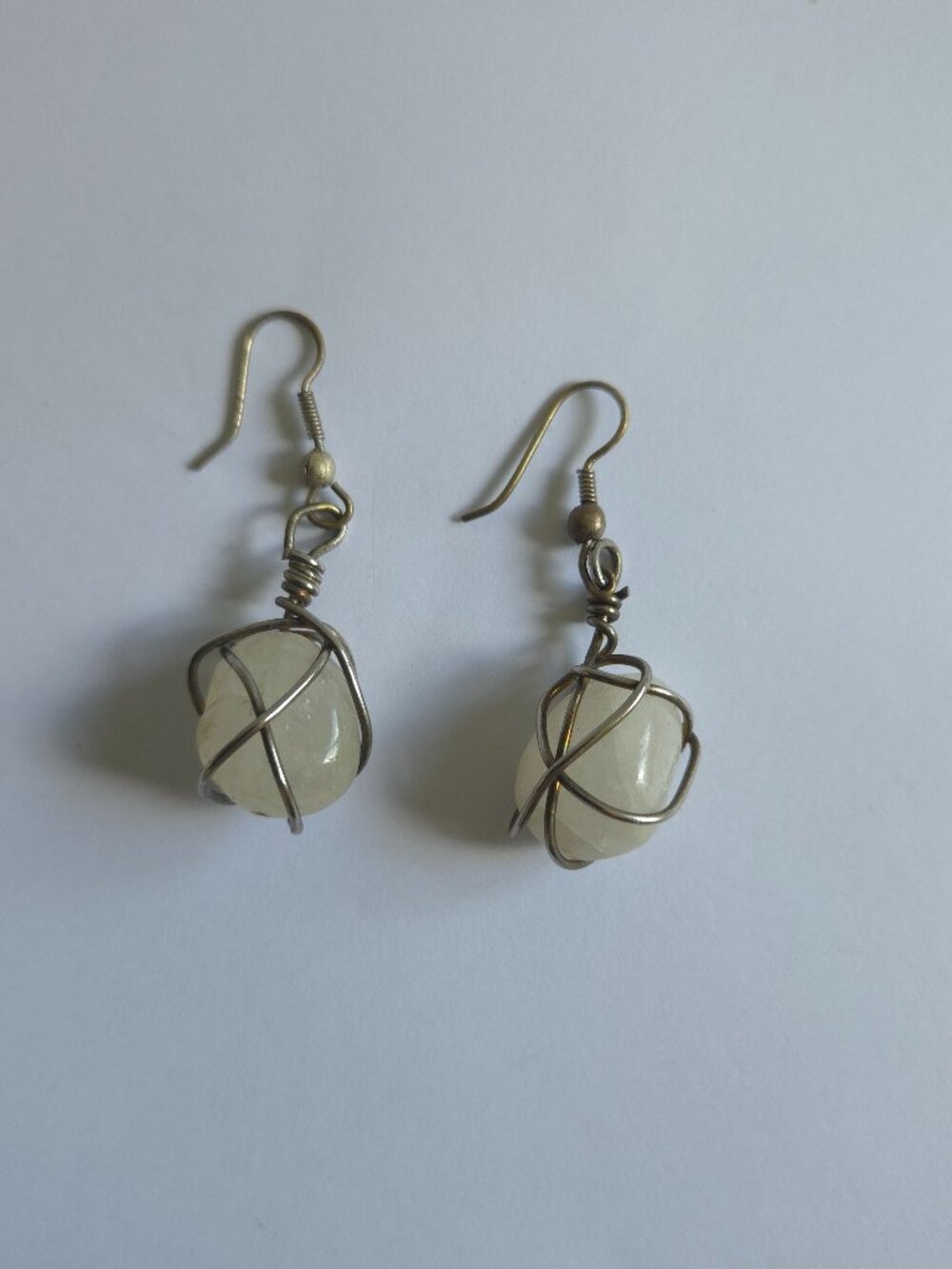 Vintage Wire Wrapped Milky Quartz Drop Earrings, Earthy Brass Cage Raw Stone